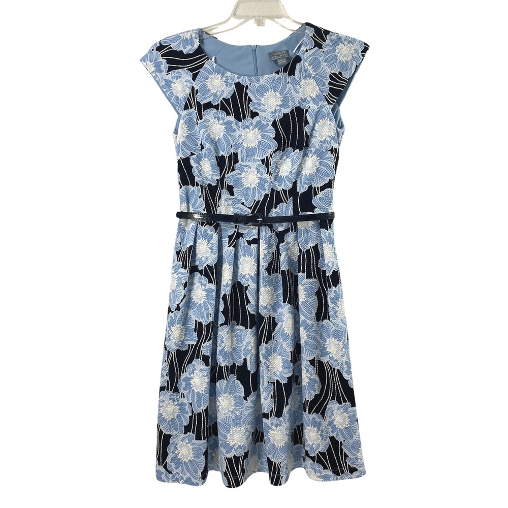 Rabbit Rabbit Designs Dress Womens 6 Floral Fit Flare Belted Blue‎ Career Church